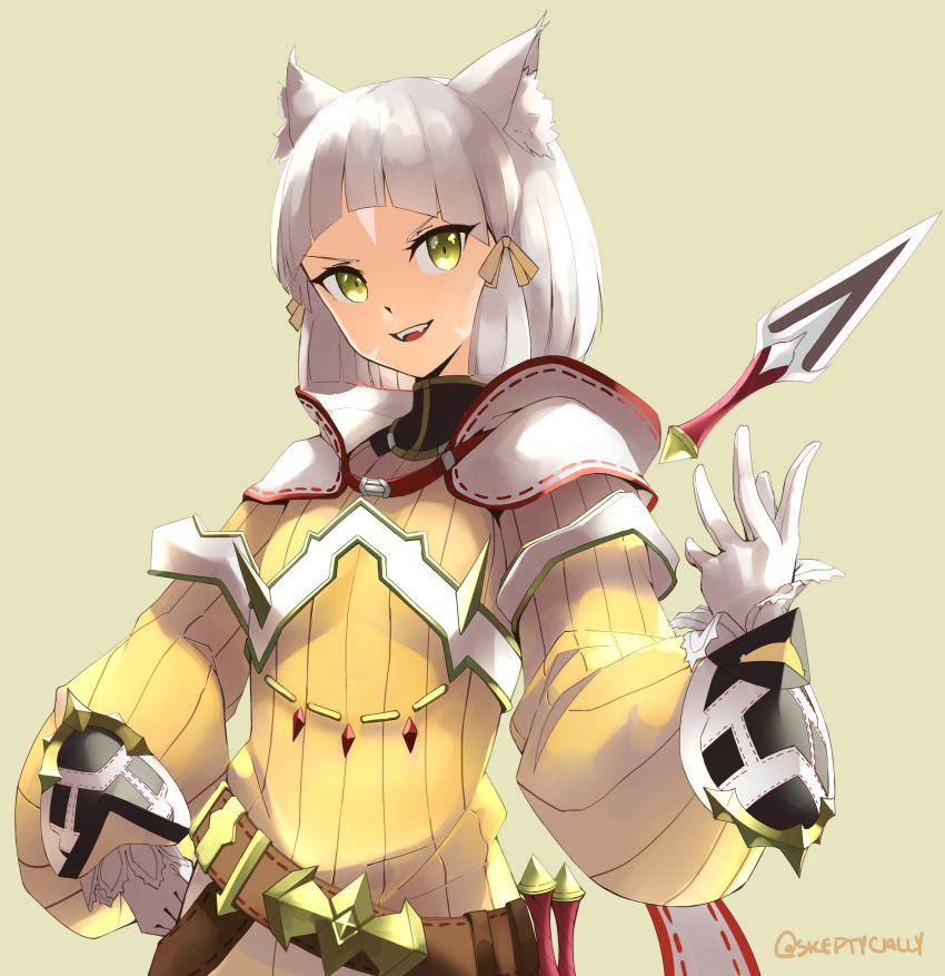 1girl absurdres animal_ears cat_ears cat_girl dress fangs gloves hand_on_hip highres knife long_sleeves nintendo niyah puffy_long_sleeves puffy_sleeves ribbon short_hair sidelocks silver_hair simple_background skeptycally smile solo standing teeth upper_body white_gloves xenoblade_(series) xenoblade_2 yellow_dress yellow_eyes yellow_ribbon