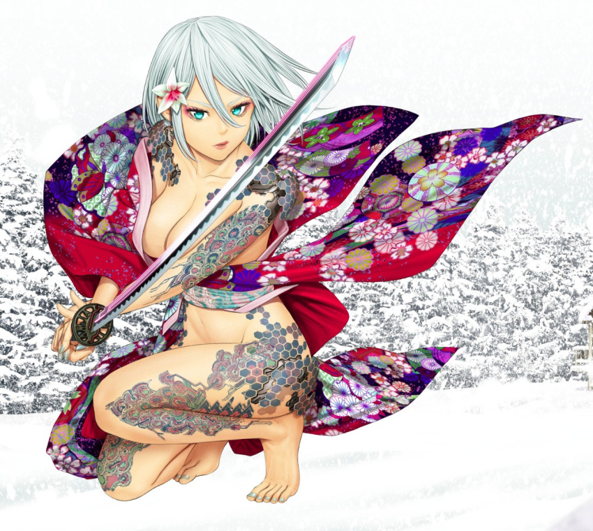 1girl blue_eyes breasts cleavage collarbone ex-arm eyeliner floral_print flower groin hair_flower hair_ornament holding holding_sword holding_weapon japanese_clothes katana kimono kneeling looking_at_viewer makeup navel sash shinya_komi short_hair silver_nails solo sword tattoo weapon white_hair