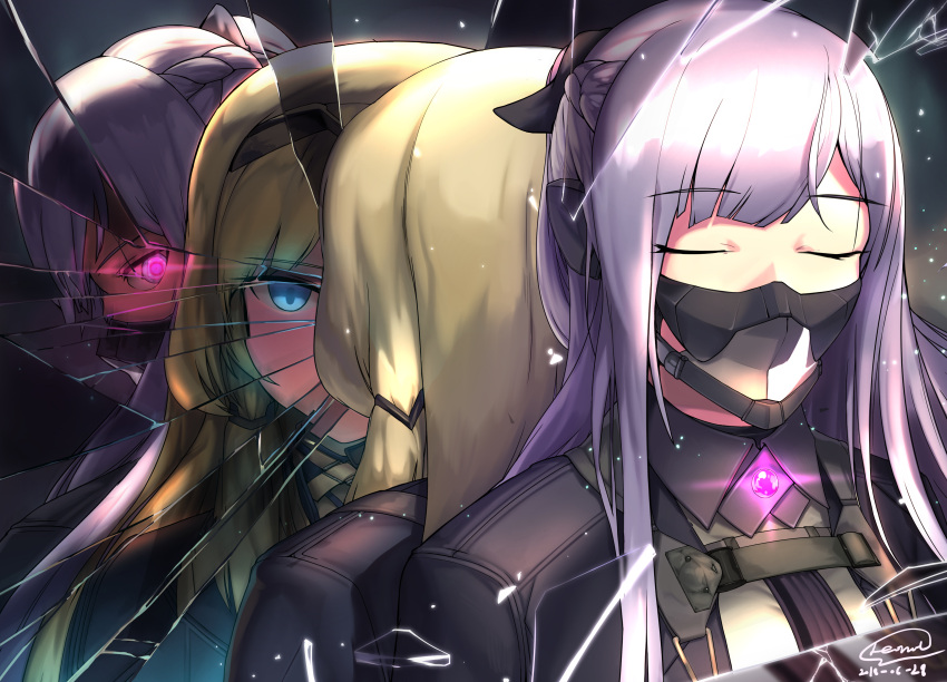 2girls absurdres ak-12_(girls_frontline) an-94_(girls_frontline) artist_name back-to-back blonde_hair blue_eyes braid broken_mirror closed_eyes eyebrows_visible_through_hair gem girls_frontline glowing glowing_eye hair_ornament headphones highres leonat long_hair looking_back mask mirror multiple_girls reflection silver_hair tagme violet_eyes