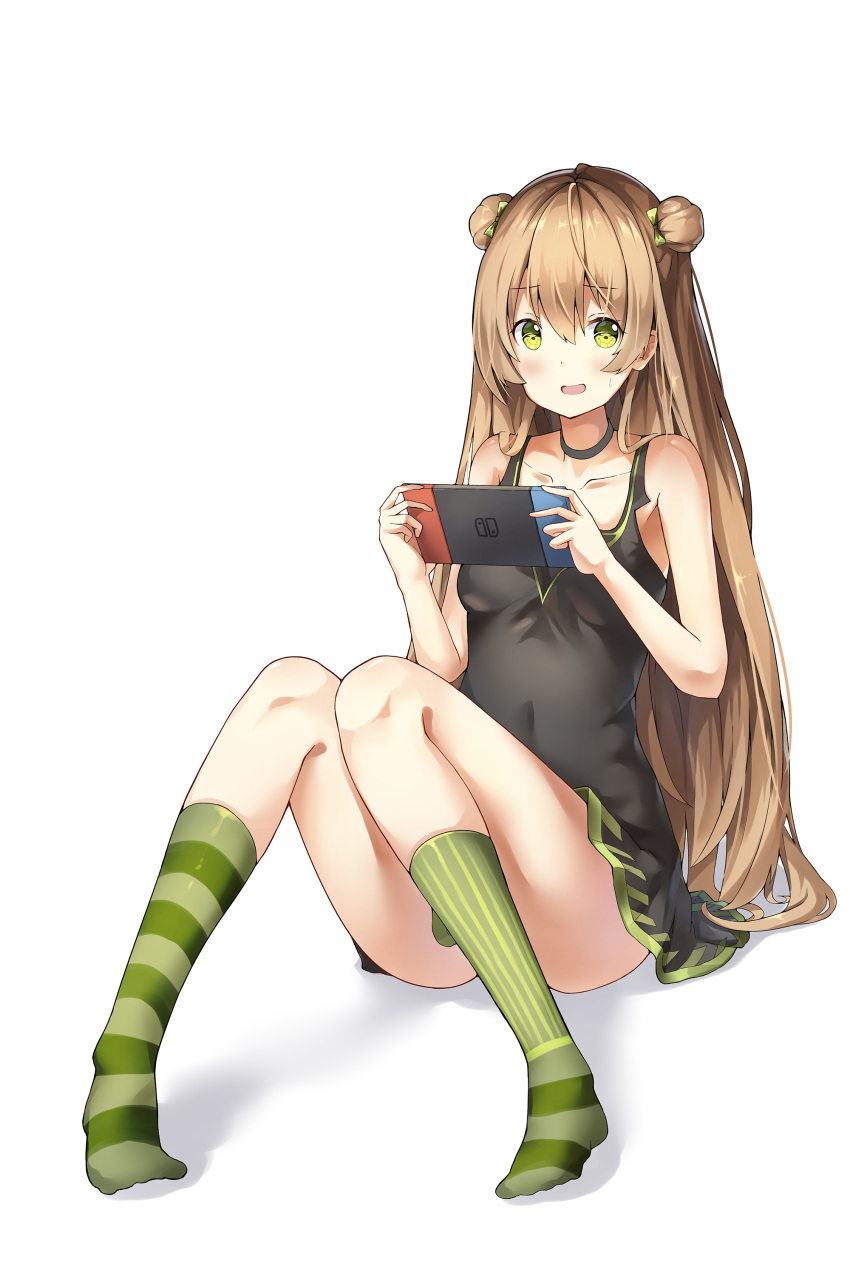1girl :d absurdres bangs bare_arms bare_shoulders black_choker black_dress blush bow breasts choker collarbone convenient_leg double_bun dress eyebrows_visible_through_hair full_body girls_frontline green_bow green_eyes green_legwear hair_between_eyes hair_bow handheld_game_console highres holding holding_handheld_game_console kneehighs light_brown_hair long_hair looking_at_viewer mismatched_legwear nintendo_switch no_shoes open_mouth rfb_(girls_frontline) shadow side_bun sitting sleeveless sleeveless_dress small_breasts smile sobmarine solo striped striped_legwear vertical-striped_legwear vertical_stripes very_long_hair white_background