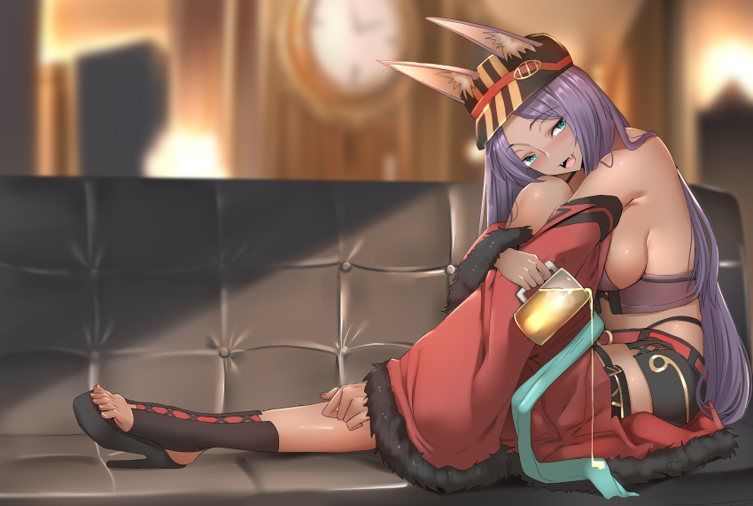 1girl absurdres alcohol animal_ears aqua_eyes bare_shoulders beer blurry blurry_background blush breasts bustier couch cup dark_skin detached_sleeves drunk ears_through_headwear eyebrows_visible_through_hair fangs fate/grand_order fate_(series) full_body fur_trim half-closed_eyes hat high_heels highres indoors large_breasts leg_hug long_hair looking_at_viewer mug nose_blush open_mouth open_toe_shoes platform_footwear purple_hair queen_of_sheba_(fate/grand_order) revealing_clothes ryu_jiao sideboob sitting smile solo spilling very_long_hair wide_sleeves