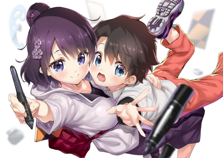 age_difference bag black_hair blue_eyes blurry blurry_background blurry_foreground breast_press casual commentary_request ekakibito fate/grand_order fate_(series) flower fujimaru_ritsuka_(male) hair_bun hair_flower hair_ornament hand_on_another's_back hug katsushika_hokusai_(fate/grand_order) long_skirt pants shirt short_hair sketchbook skirt stylus tied_hair violet_eyes white_shirt younger