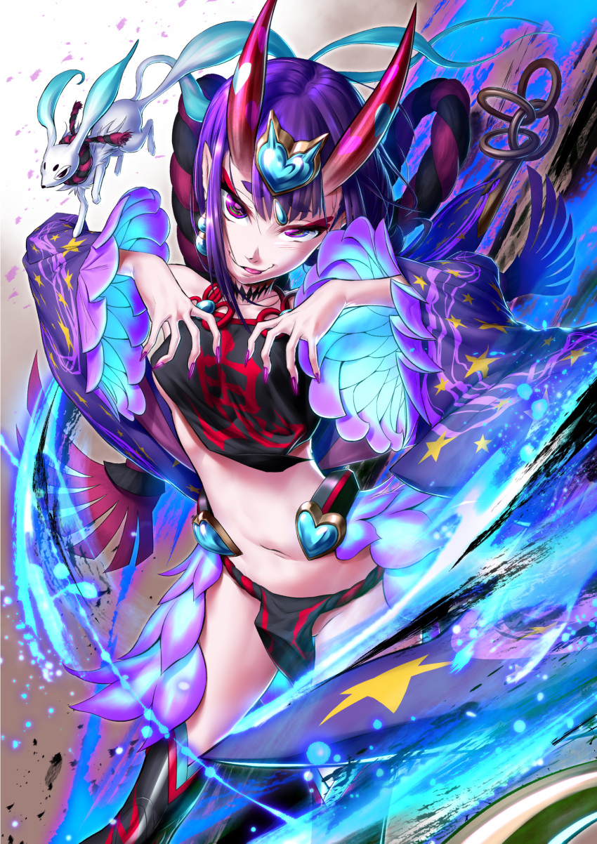 1girl :p bangs bare_shoulders blue_fire dedeen detached_sleeves dudou earrings eyeshadow fate/grand_order fate_(series) fingernails fire forehead_jewel fox headpiece heart highres horns jewelry looking_at_viewer makeup nail_polish navel oni oni_horns pelvic_curtain pointy_ears purple_hair purple_nails sharp_fingernails short_hair shuten_douji_(fate/grand_order) shuten_douji_(halloween)_(fate) smile solo spirit thigh-highs tongue tongue_out violet_eyes wind