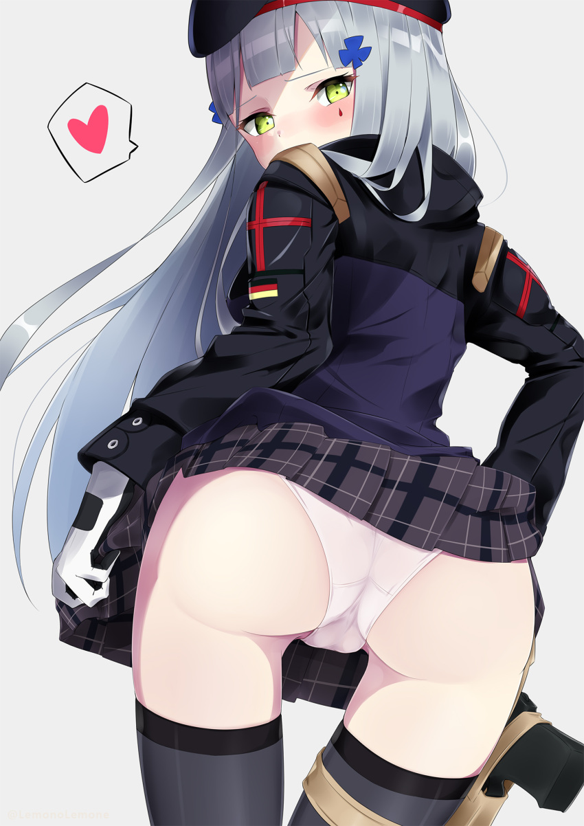 1girl ass bangs beret blunt_bangs blush facial_tattoo from_behind german_flag girls_frontline gloves green_eyes gun handgun hat heart highres hk416_(girls_frontline) holster jacket lemonolemone long_hair looking_at_viewer looking_back panties pantyshot pantyshot_(standing) pink_panties pistol pleated_skirt silver_hair simple_background skirt skirt_lift solo spoken_heart standing straight_hair tattoo thigh-highs thigh_gap thigh_holster thighs underwear very_long_hair weapon white_background white_gloves