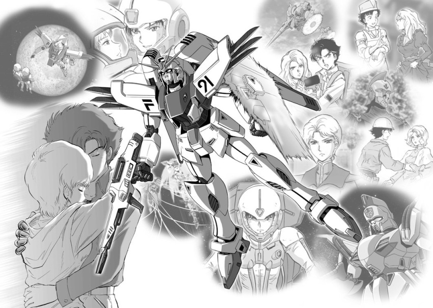 beam_rifle beam_shield carozzo_ronah cecily_fairchild couple den'an_zon energy_gun f91_gundam greyscale gundam gundam_f91 hug mask mecha monochrome moon pilot_chair rafflesia seabook_arno space spacesuit tokita_kouichi tsujitani_kouji uniform vigna_ghina weapon