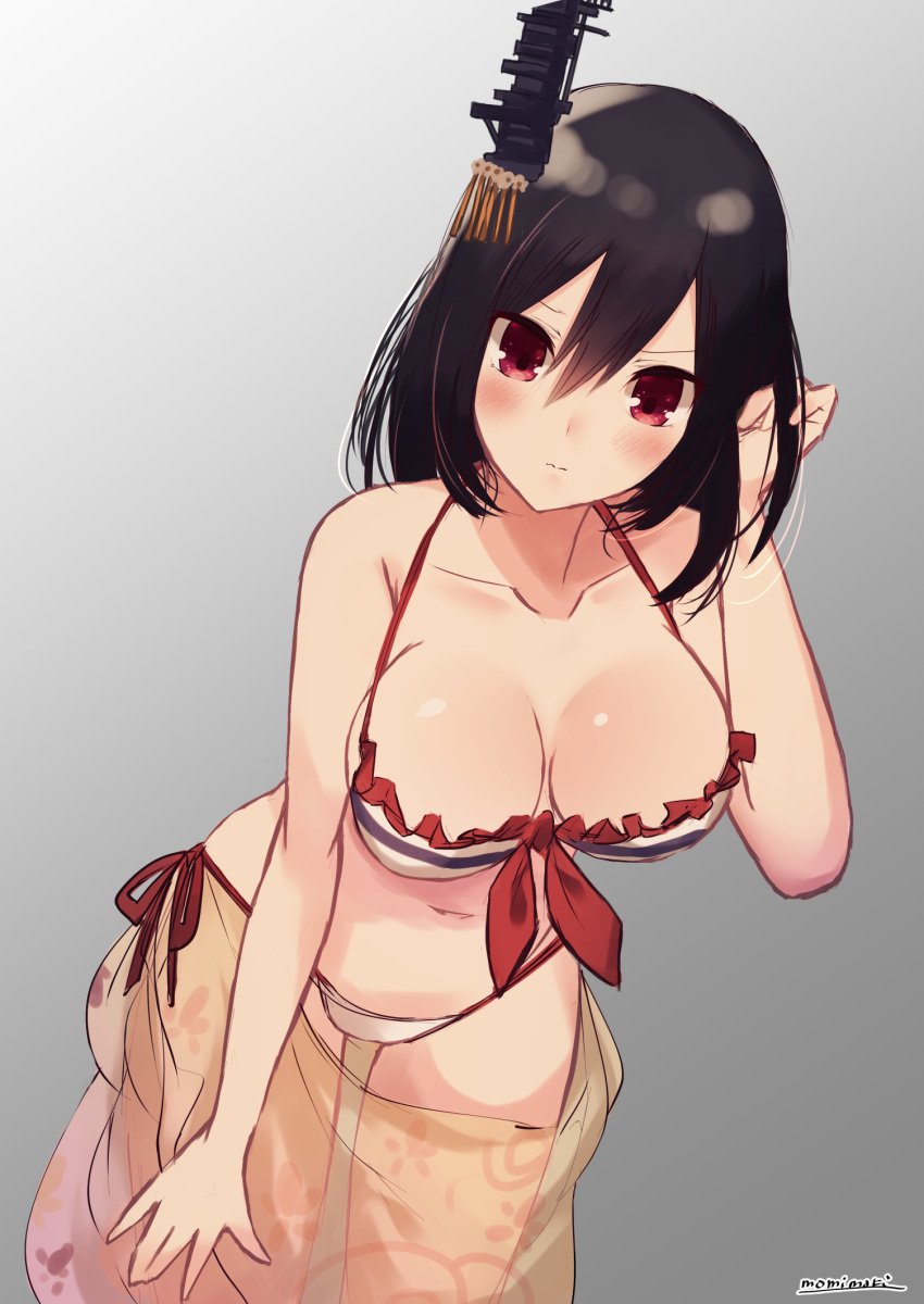 1girl artist_name bikini black_hair breasts cleavage commentary_request cowboy_shot frilled_bikini frills gradient gradient_background grey_background hair_ornament highres kantai_collection large_breasts momiji_(103) red_eyes sarong short_hair side-tie_bikini solo standing swimsuit yamashiro_(kantai_collection)