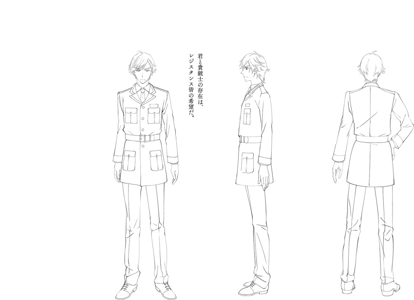 1boy ahoge character_sheet from_behind frown full_body hand_on_hip kyoudou_granbird lineart majiro_(mazurka) male_focus military military_uniform monochrome multiple_views necktie official_art senjuushi:_the_thousand_noble_musketeers short_hair standing translation_request transparent_background turnaround uniform