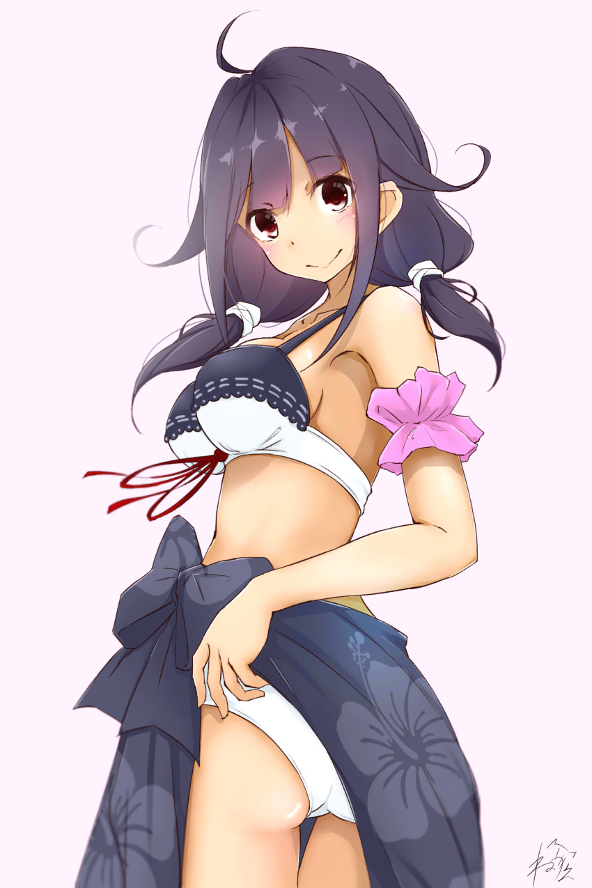 1girl absurdres alternate_costume ass bikini blush breasts eyebrows_visible_through_hair grey_background hair_flaps highres kantai_collection large_breasts long_hair looking_at_viewer low_twintails neve purple_hair red_eyes remodel_(kantai_collection) simple_background swimsuit taigei_(kantai_collection) twintails white_background