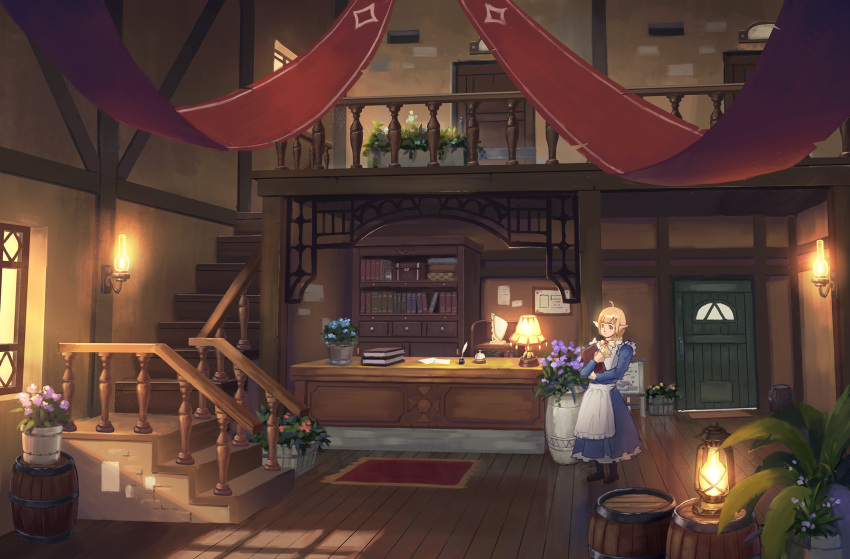 1girl ahoge apron bangs barrel bell black_footwear blonde_hair blunt_bangs book book_stack bookshelf boots bow bowtie carpet closed_mouth commentary_request counter day door drawer dress flower frilled_dress frills highres holding holding_book indoors jing_(jiunn1985matw) lamp lantern looking_at_viewer maid maid_apron original paper plant pointy_ears potted_plant quill railing scenery short_hair sidelocks sign smile solo stairs standing sunlight window yellow_neckwear