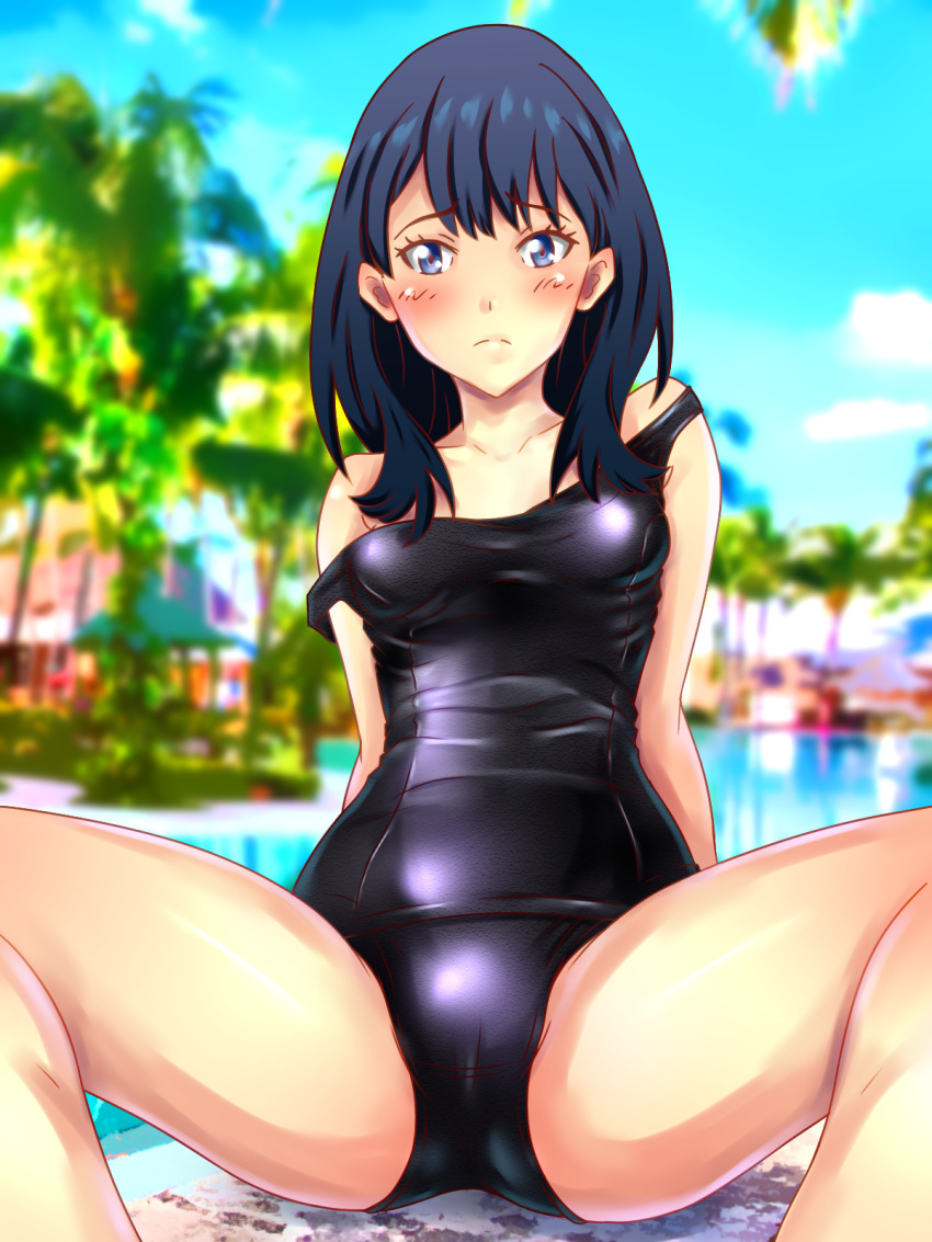 1girl arms_behind_back bangs black_hair black_swimsuit blue_eyes blue_sky blurry blush breasts closed_mouth clouds collarbone crotch day depth_of_field embarrassed eyebrows_visible_through_hair feet_out_of_frame frown grass highres hips looking_at_viewer medium_hair nike_(0306) old_school_swimsuit one-piece_swimsuit outdoors palm_tree photo_background raised_eyebrows reflection school_swimsuit shiny shiny_clothes shiny_skin sitting sky small_breasts solo spread_legs ssss.gridman strap_slip swimsuit takarada_rikka thighs tree water