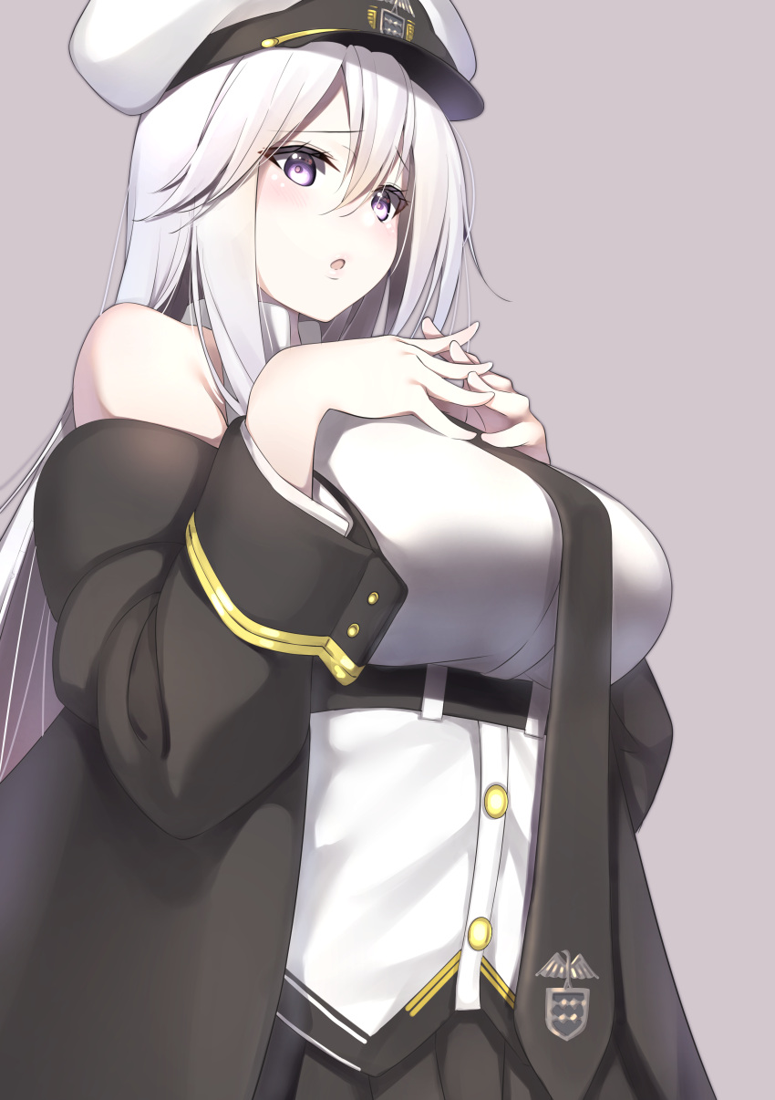 1girl absurdres azur_lane blush breasts coat collared_shirt cowboy_shot enterprise_(azur_lane) grey_background hair_between_eyes hands_on_own_chest hands_together hat highres large_breasts long_hair military_hat necktie off_shoulder open_mouth shirt silver_hair simple_background skirt sleeveless solo violet_eyes white_hat yamanokami_eaka