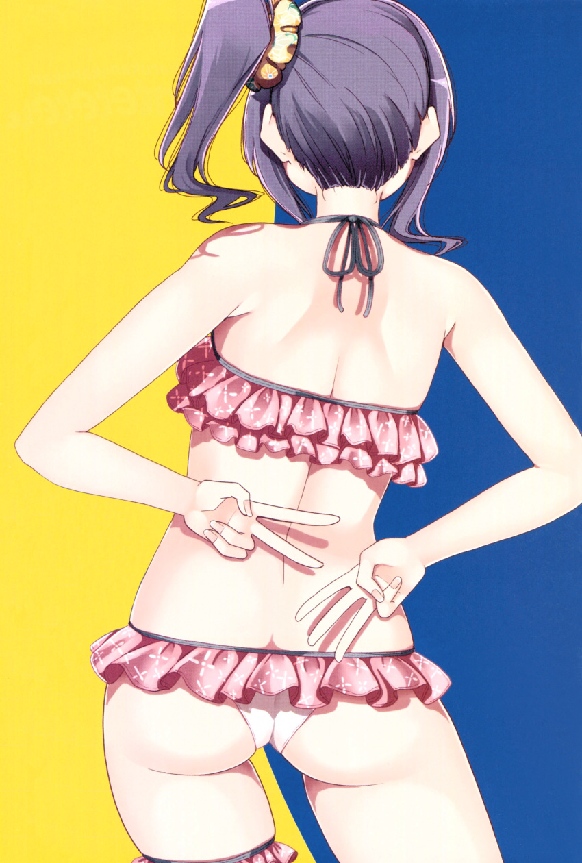 1girl absurdres arms_behind_back ass bare_shoulders bikini fingernails frilled_bikini frills from_behind halterneck harukana_receive highres legs_apart long_hair nape nyoijizai official_art ooshiro_akari purple_hair scan shiny shiny_hair side_ponytail simple_background solo swimsuit thigh_strap v