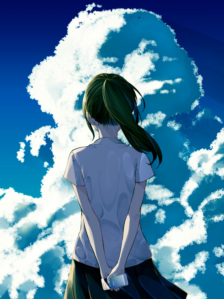 1girl absurdres arms_behind_back blue_sky cellphone clouds cloudy_sky commentary_request day facing_away from_behind green_hair green_skirt highres holding holding_cellphone holding_phone long_hair original outdoors phone pleated_skirt ponytail shirt short_sleeves sidelocks skirt sky smartphone solo white_shirt yople_star_man