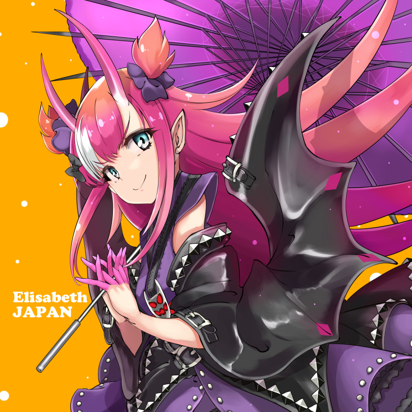 &gt;:) 1girl blue_eyes character_name detached_sleeves elizabeth_bathory_(fate) elizabeth_bathory_(fate)_(all) fate/grand_order fate_(series) grimjin hair_ornament hair_scrunchie hands_together highres horns japanese_clothes long_hair looking_at_viewer orange_background parasol pink_hair pointy_ears scrunchie solo studded two_side_up umbrella very_long_hair