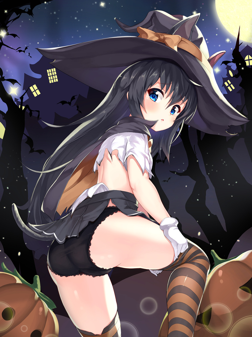 1girl 2drr animal_ears asashio_(kantai_collection) ass bangs black_cape black_hair black_hat black_panties blue_eyes blush bow cape cat_ears commentary_request ears_through_headwear eyebrows_visible_through_hair full_moon gloves grey_skirt hair_between_eyes hat hat_bow highres jack-o'-lantern kantai_collection long_hair looking_at_viewer looking_back moon multicolored multicolored_cape multicolored_clothes night night_sky orange_bow orange_cape outdoors panties parted_lips pleated_skirt shirt short_sleeves skirt sky solo star_(sky) starry_sky striped striped_legwear thigh-highs torn_clothes torn_hat torn_shirt underwear undressing very_long_hair white_gloves white_shirt witch_hat