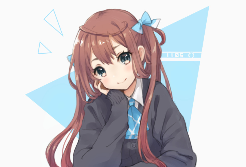 1girl arm_support asagumo_(kantai_collection) bangs black_cardigan blue_background blue_bow blue_neckwear blush bow brown_eyes brown_hair cardigan closed_mouth collared_shirt commentary_request eyebrows_behind_hair fingernails grey_background hair_between_eyes hair_bow kantai_collection long_hair long_sleeves low_twintails nail_polish nuno_(pppompon) red_nails shirt sleeves_past_wrists smile solo twintails two-tone_background upper_body very_long_hair white_shirt
