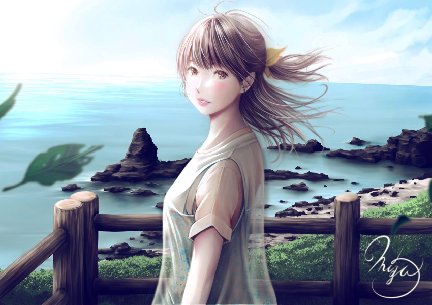 1girl beach blue_sky bow brown_eyes brown_hair day fence half_updo highres leaf looking_at_viewer ocean original outdoors parted_lips see-through signature sky smile solo standing summer wind wooden_fence yellow_bow
