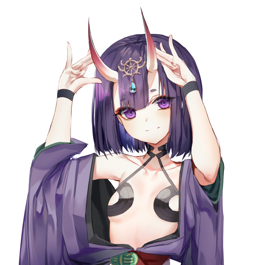 1girl absurdres bob_cut breasts closed_mouth collarbone eyebrows eyebrows_visible_through_hair fate/grand_order fate_(series) highres horns looking_at_viewer oni oni_horns poharo purple_hair short_hair shuten_douji_(fate/grand_order) simple_background small_breasts smile solo violet_eyes white_background