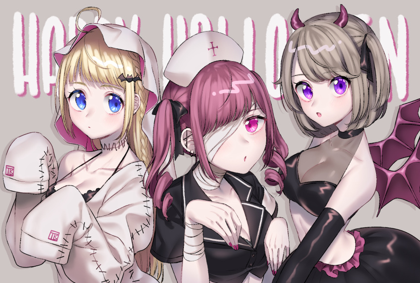 3girls ahoge bandage bandaged_arm bandaged_head bandaged_neck bandages bandeau bangs bat_hair_ornament black_ribbon black_skirt blonde_hair blue_eyes braid breasts cleavage collarbone crop_top demon_horns demon_wings detached_sleeves earrings grey_background grey_hair hair_ornament hair_ribbon halloween_costume halterneck happy_halloween hat highres hood hood_up horns jewelry long_hair looking_at_viewer medium_breasts multiple_girls nail_polish nurse_cap original outstretched_arms pink_eyes pink_hair pink_nails ribbon short_hair side_braid skirt sleeves_past_fingers sleeves_past_wrists stitches twintails two_side_up umeno upper_body violet_eyes wings zombie_pose