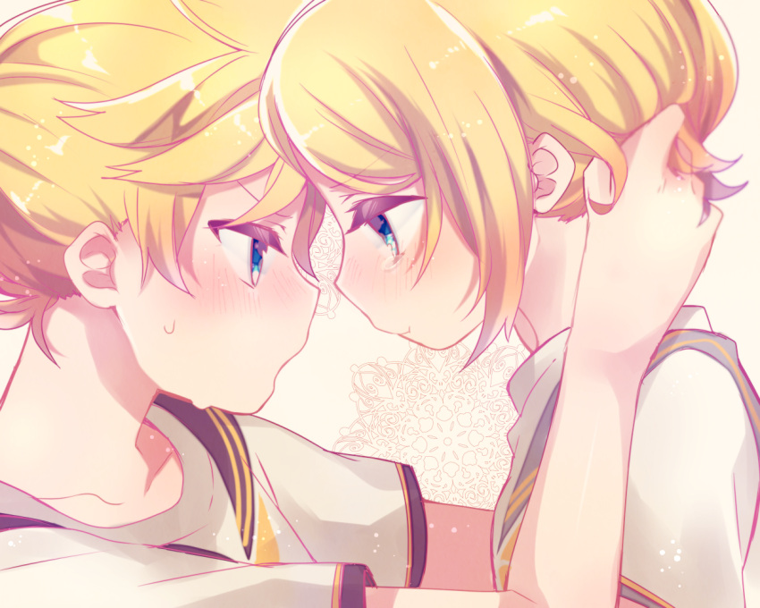 1boy 1girl :t angry annoyed aoi_choko_(aoichoco) arms_around_neck blonde_hair blue_eyes blush brother_and_sister collarbone ears eyebrows_visible_through_hair face-to-face forehead-to-forehead hair_tucking hands_on_another's_head kagamine_len kagamine_rin looking_at_another nervous playing_with_another's_hair pout print_sailor_collar puffy_cheeks sad shirt short_hair short_ponytail siblings sweatdrop t-shirt tearing_up tears twins vocaloid