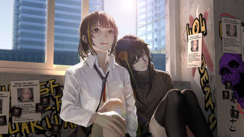 2girls brown_eyes brown_hair closed_eyes closed_mouth girls_frontline graffiti head_on_another's_shoulder highres knees_together_feet_apart legs_together long_hair long_sleeves m16a1_(girls_frontline) m4a1_(girls_frontline) multicolored_hair multiple_girls necktie short_hair sitting skirt sweater tacshojosora tagme thigh-highs window