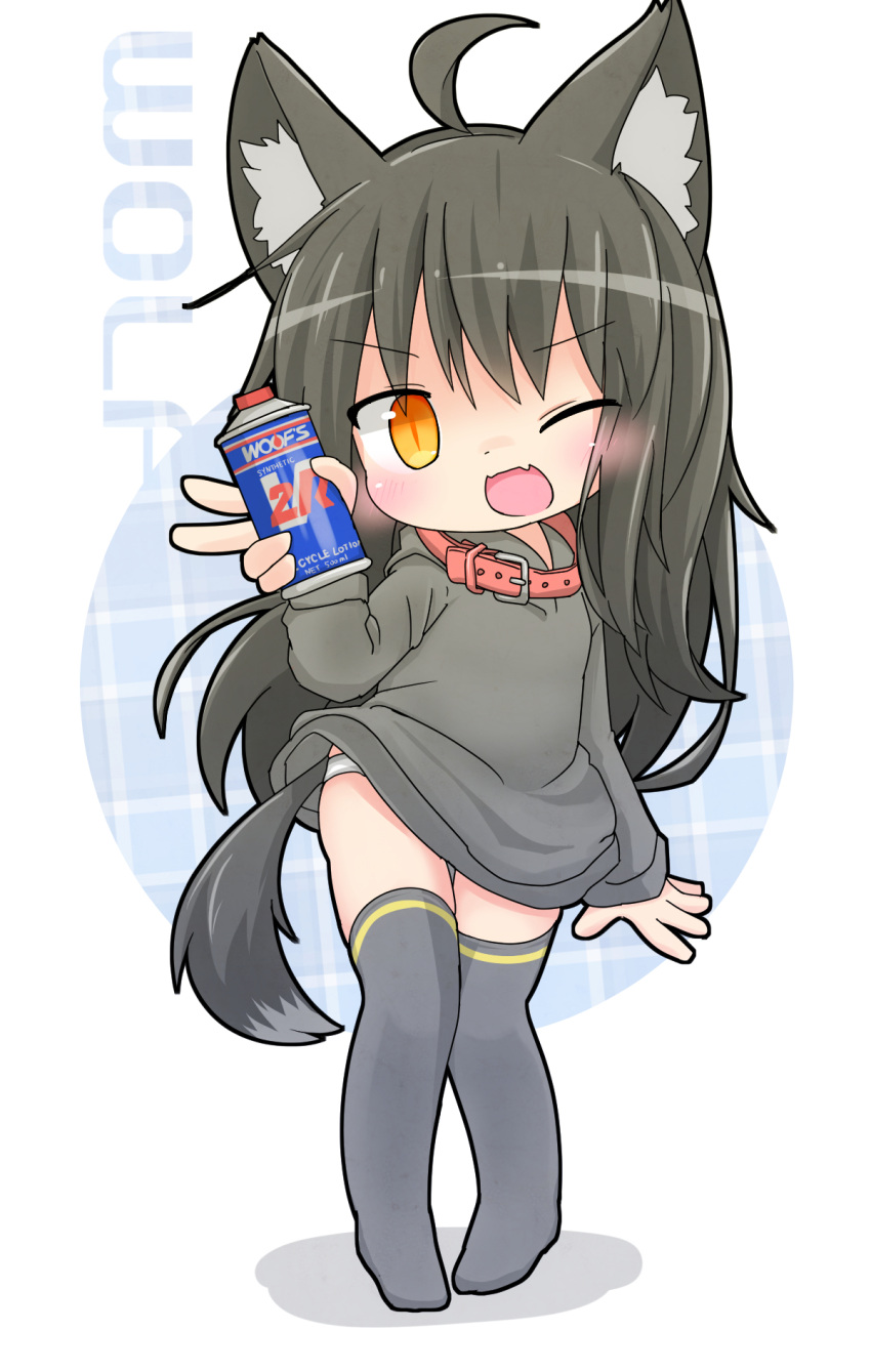 &gt;;d 1girl ;d animal_ears black_hair black_hoodie blue_background collar dog_collar english fang full_body grey_legwear highres hood hood_down hoodie long_hair long_sleeves mikeya_hiyori naked_hoodie no_pants one_eye_closed open_mouth original panties simple_background smile spray_can tail thigh-highs two-tone_background underwear v white_background white_panties wolf_ears wolf_tail