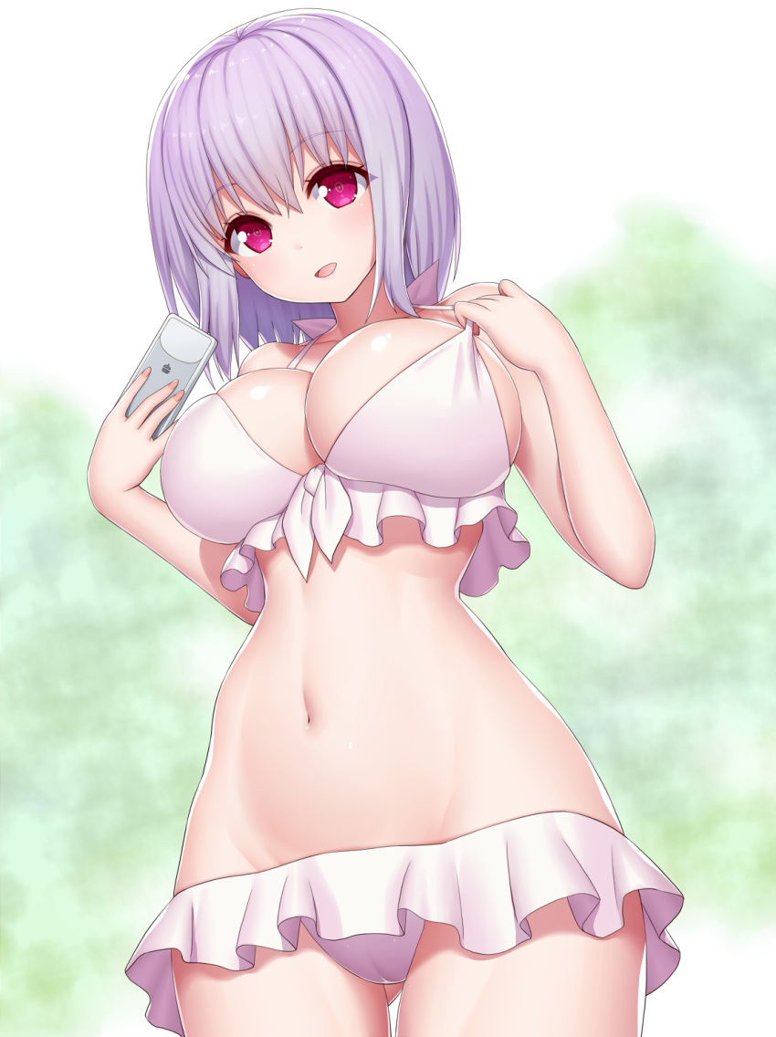 1girl asamura_hiori bikini blush breasts cellphone commentary_request eyebrows_visible_through_hair frilled_bikini frills highres holding holding_phone large_breasts lavender_hair looking_at_viewer navel open_mouth phone pink_eyes shinjou_akane short_hair solo ssss.gridman swimsuit white_bikini