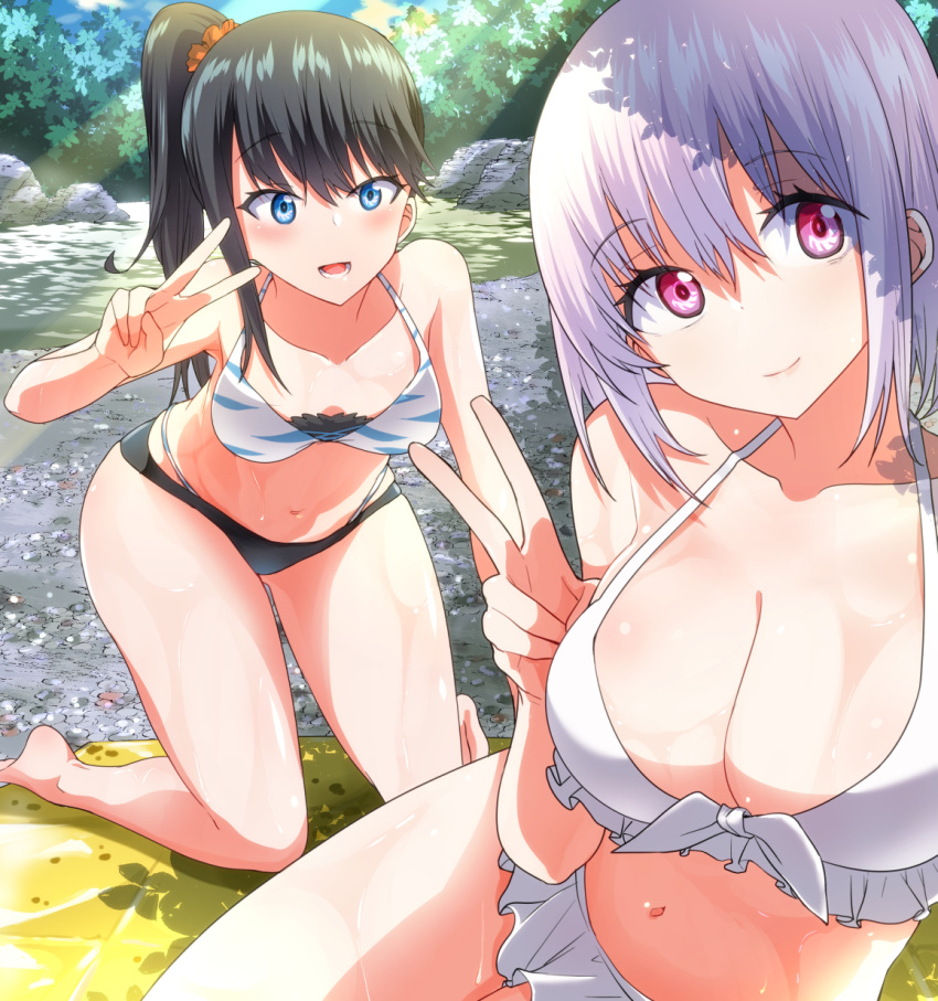 2girls black_hair blue_eyes blush breasts cleavage highres large_breasts long_hair looking_at_viewer medium_breasts multiple_girls navel outdoors ponytail purple_hair rikosyegou self_shot shinjou_akane short_hair ssss.gridman takarada_rikka v violet_eyes wet