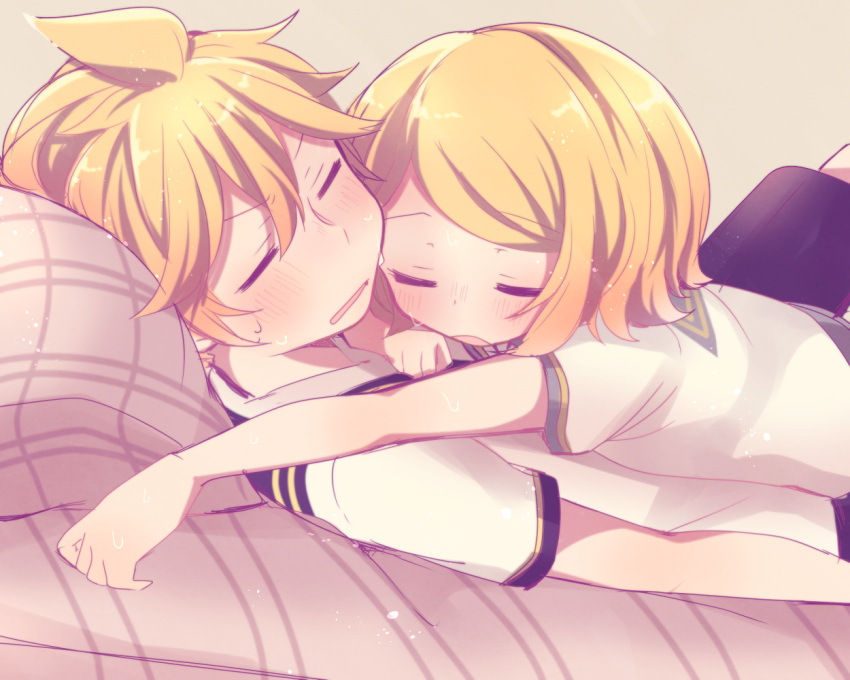 annoyed aoi_choko_(aoichoco) blonde_hair blush brother_and_sister kagamine_len kagamine_rin lying on_back on_stomach print_sailor_collar shirt short_hair short_ponytail shorts siblings sleeping sleeping_on_person sweat sweatdrop t-shirt twins vocaloid