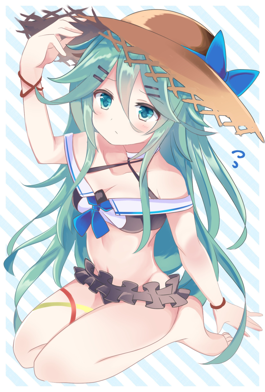 1girl bangs bare_shoulders barefoot bikini black_bikini breasts cleavage fathom frilled_bikini_bottom green_eyes green_hair hair_between_eyes hair_down hair_ornament hairclip hat highres kantai_collection long_hair looking_up midriff navel parted_bangs seiza sitting small_breasts solo straw_hat swimsuit yamakaze_(kantai_collection)