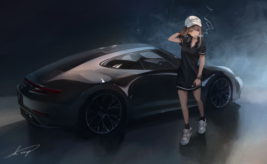 1girl bangs black_legwear brown_eyes brown_hair car cigarette facing_viewer ground_vehicle hat highres koh_(minagi_kou) long_hair motor_vehicle original porsche porsche_911 signature smoking socks solo walking watch watch