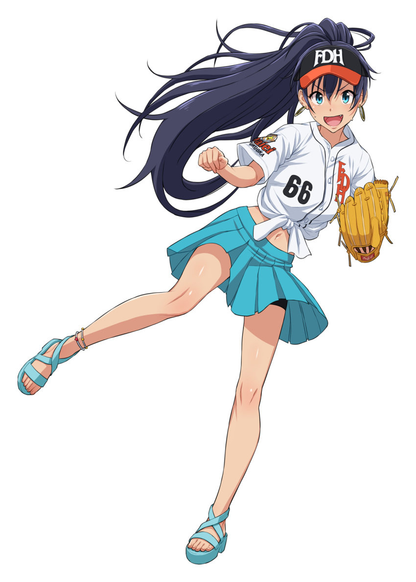 1girl anklet baseball_cap baseball_uniform bike_shorts black_hair black_shorts blue_eyes blue_skirt dress_shirt earrings floating_hair full_body ganaha_hibiki hair_between_eyes hat high_ponytail highres idolmaster idolmaster_(classic) jewelry long_hair midriff miniskirt navel nigou nippon_professional_baseball pleated_skirt shiny shiny_skin shirt short_shorts shorts simple_background skirt solo sportswear stomach tied_shirt very_long_hair white_background white_shirt