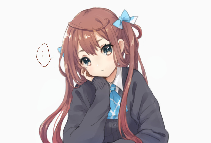 ... 1girl arm_support asagumo_(kantai_collection) bangs black_cardigan blue_bow blue_neckwear blush bow brown_eyes brown_hair cardigan closed_mouth collared_shirt eyebrows_behind_hair fingernails grey_background hair_between_eyes hair_bow kantai_collection long_hair long_sleeves looking_at_viewer low_twintails nail_polish nuno_(pppompon) red_nails shirt simple_background sleeves_past_wrists solo spoken_ellipsis twintails upper_body very_long_hair white_shirt