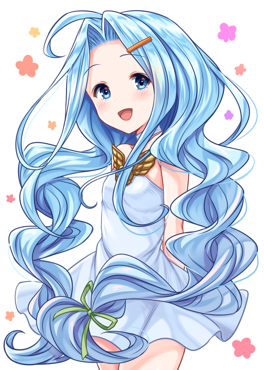 1girl :d ahoge bangs bare_arms bare_shoulders blue_eyes blue_hair blush breasts collarbone commentary_request dress eyebrows_visible_through_hair forehead granblue_fantasy green_ribbon hair_ornament hair_ribbon hairclip head_tilt highres long_hair lyria_(granblue_fantasy) open_mouth parted_bangs ribbon simple_background small_breasts smile solo tomo_(user_hes4085) very_long_hair white_background white_dress
