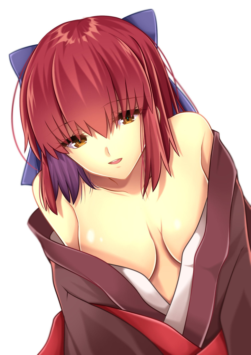 1girl :d bangs blue_bow bow breasts brown_eyes brown_kimono cleavage collarbone exa_(koyuru) eyebrows_visible_through_hair hair_between_eyes hair_bow highres japanese_clothes kimono kohaku looking_at_viewer medium_breasts off_shoulder open_clothes open_kimono open_mouth redhead short_hair smile solo tsukihime upper_body white_background