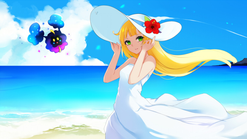 1girl bangs bare_shoulders beach blonde_hair clouds cosmog creatures_(company) day dress flower game_freak gen_7_pokemon green_eyes hand_on_headwear hat hat_flower hibiscus lillie_(pokemon) long_dress long_hair looking_at_viewer nintendo ocean outdoors pokemon pokemon_(game) pokemon_sm shito_zhizhen sky smile sun_hat sundress very_long_hair white_dress white_hat wind