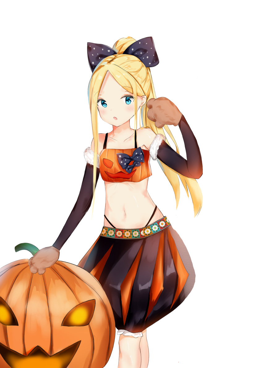 1girl :o abigail_williams_(fate/grand_order) absurdres alternate_costume alternate_hairstyle bare_shoulders black_bow black_skirt black_sleeves blonde_hair blue_eyes bow breasts bubble_skirt collarbone commentary_request crop_top detached_sleeves eyebrows_visible_through_hair fate/grand_order fate_(series) forehead fur-trimmed_sleeves fur_trim gloves hair_bow halloween high_ponytail highres jack-o'-lantern long_hair long_sleeves looking_at_viewer midriff navel parted_lips paw_gloves paws polka_dot polka_dot_bow ponytail sidelocks skirt small_breasts solo very_long_hair white_background yukaa