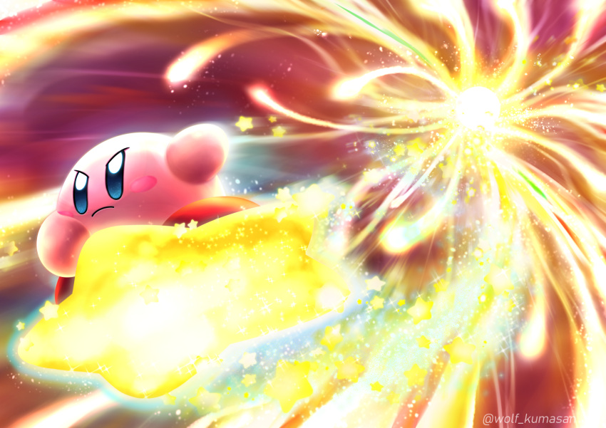 &gt;:( blue_eyes blush_stickers chasing commentary_request fleeing flying galeem highres hoshi_no_kirby kirby kirby_(series) light light_beam ninjya_palette nintendo serious sparkle star super_smash_bros. super_smash_bros._ultimate twitter_username warp_star