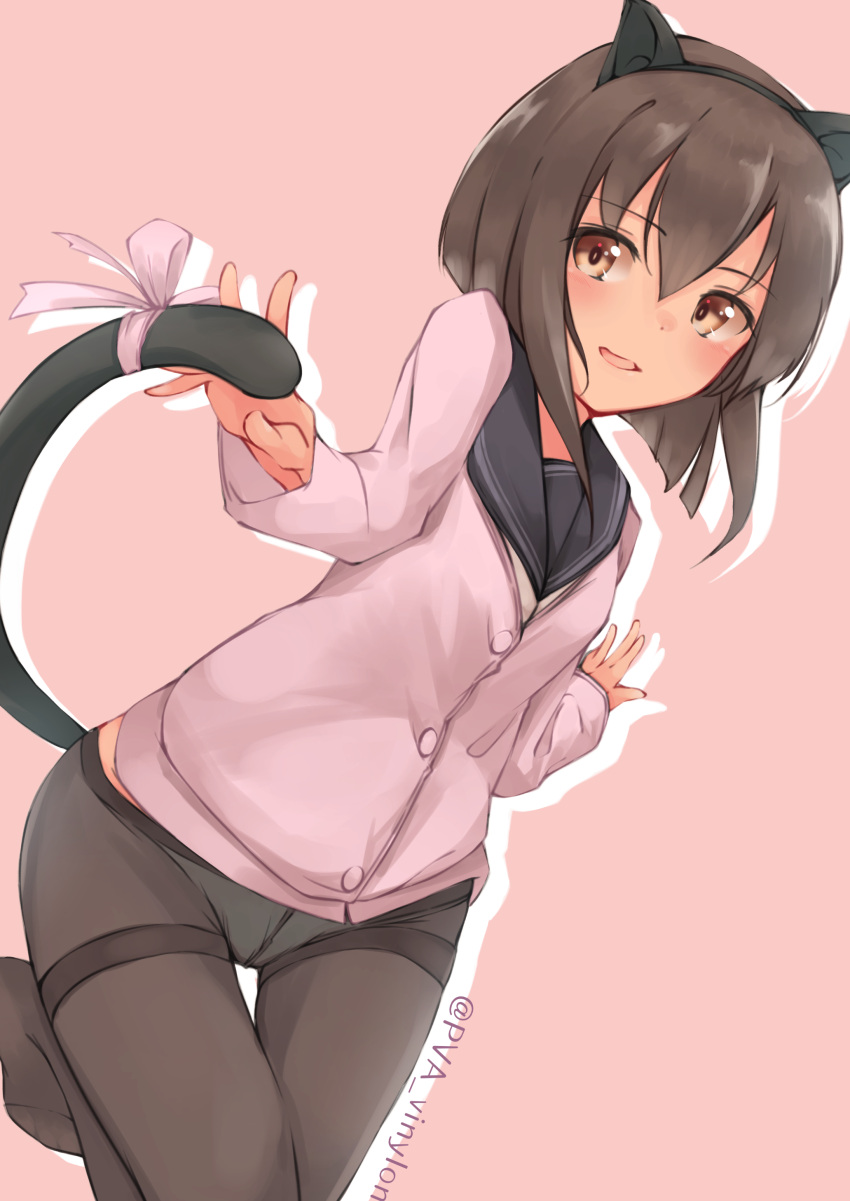 1girl absurdres alternate_costume animal_ears black_legwear blush brown_eyes brown_hair cat_ears cat_tail dutch_angle eyebrows_visible_through_hair fake_animal_ears highres kantai_collection looking_at_viewer no_shoes panties panties_under_pantyhose pantyhose pink_background pink_ribbon pink_sweater ribbon sailor_collar short_hair simple_background smile solo sweater taihou_(kantai_collection) tail tail_ribbon twitter_username underwear uut