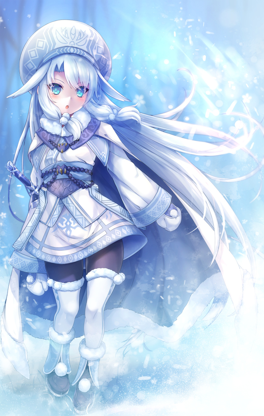 1girl :o absurdres ainu_clothes bangs blue_cape blue_eyes blue_hair blue_hat blurry blurry_background blush brown_footwear brown_legwear cape commentary_request day depth_of_field eyebrows_visible_through_hair fate/grand_order fate_(series) full_body fur-trimmed_boots fur-trimmed_cape fur_collar fur_trim hair_between_eyes hair_flaps hair_ornament hat head_tilt highres illyasviel_von_einzbern leg_warmers long_hair long_sleeves looking_at_viewer mittens multicolored multicolored_cape multicolored_clothes outdoors panties parted_lips pom_pom_(clothes) samoore sitonai sleeves_past_wrists snowing solo standing underwear v-shaped_eyebrows very_long_hair white_cape white_mittens wide_sleeves