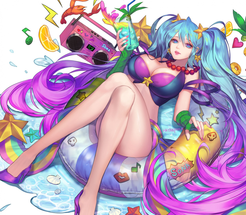 1girl arcade_sona arm_warmers artist_request blue_eyes blue_hair bra breasts clam_shell cleavage fingerless_gloves gloves gradient_hair hair_ornament high_heels highres huge_breasts innertube league_of_legends lipstick lobster long_hair makeup midriff multicolored_hair nail_polish pink_hair purple_bra sona_buvelle star star_hair_ornament starfish tagme twintails underwear very_long_hair