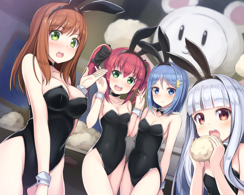 4girls :d :o alternative_girls animal_ears arm_behind_back ass_visible_through_thighs bangs baozi bare_arms bare_shoulders black_bow black_choker black_hairband black_leotard blue_eyes blue_hair blunt_bangs blush bow breasts brown_eyes brown_hair bunnysuit character_check choker cleavage commentary_request covered_navel cowboy_shot detached_collar eating eyebrows_visible_through_hair fake_animal_ears food green_eyes grey_hair hair_bow hair_ornament hairband hairclip hand_holding hand_up hands_up highleg highleg_leotard highres hiiragi_tsumugi hirose_koharu holding holding_food indoors kageira leotard long_hair looking_at_viewer mano_sakurako medium_breasts multiple_girls open_mouth orimiya_yui oversized_object pink_hair rabbit_ears round_teeth short_hair sidelocks small_breasts smile strapless strapless_leotard stuffed_animal stuffed_bunny stuffed_toy teeth twintails upper_body upper_teeth v wrist_cuffs