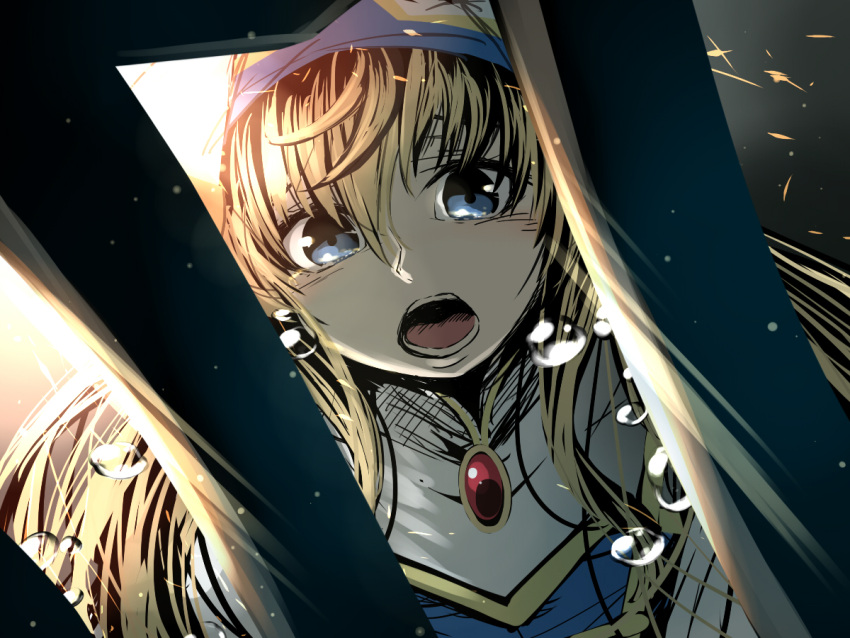 blonde_hair blue_eyes commentary crying crying_with_eyes_open decchi_oyabun goblin_slayer! hair_between_eyes hat long_hair open_mouth priestess_(goblin_slayer!) tears teeth