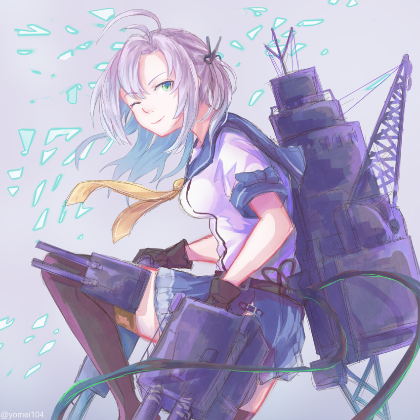 ;) blue_eyes boots breasts brown_gloves brown_legwear from_side gloves grey_hair hair_ribbon highres holding_turret kantai_collection kinugasa_(kantai_collection) kneeling large_breasts looking_at_viewer machinery necktie one_eye_closed remodel_(kantai_collection) ribbon school_uniform serafuku short_sleeves side_ponytail smile thigh-highs thigh_boots turret yellow_neckwear yomi_(yomi14_pyaon)
