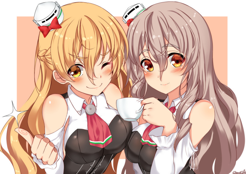 2girls blush braid breasts brown_eyes closed_mouth corset cup eyebrows_visible_through_hair french_braid grey_hair hair_between_eyes hat highres kantai_collection long_hair looking_at_viewer medium_breasts mini_hat multiple_girls necktie one_eye_closed pola_(kantai_collection) red_neckwear remodel_(kantai_collection) sazamiso_rx shirt wavy_hair white_shirt zara_(kantai_collection)