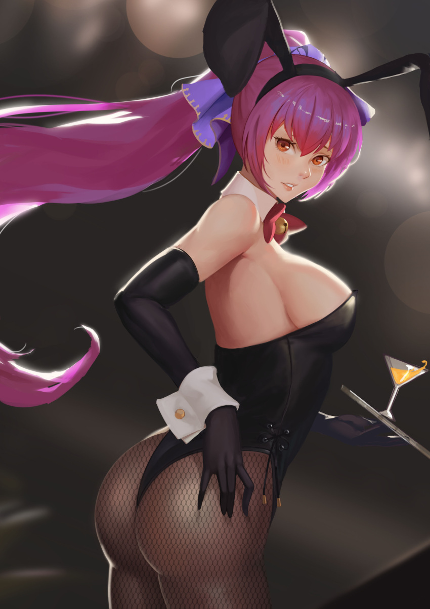 absurdres alternate_hairstyle animal_ears ass black_leotard blush breasts bunny_girl bunnysuit cocktail_glass cup d.sum detached_collar drinking_glass fake_animal_ears fate/grand_order fate_(series) fishnet_pantyhose fishnets highres large_breasts leotard long_hair looking_back pantyhose parted_lips playboy_bunny_leotard ponytail rabbit_ears red_eyes scathach_(fate)_(all) scathach_(fate/grand_order) strapless strapless_leotard tray unmoving_pattern very_long_hair wrist_cuffs