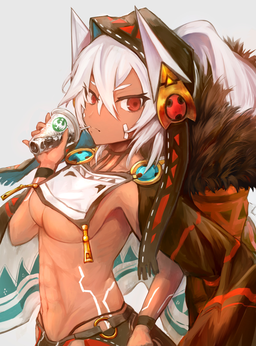1girl abs azur_lane bangs bodypaint breasts cloak coffee coffee_cup crop_top crop_top_overhang cup dark_skin disposable_cup drinking_straw from_side fur-trimmed_cloak grey_background hair_between_eyes halterneck hand_on_hip highres hood looking_at_viewer midriff minneapolis_(azur_lane) native_american navel open_clothes parupaka ponytail red_eyes revealing_clothes sideboob simple_background solo under_boob white_hair