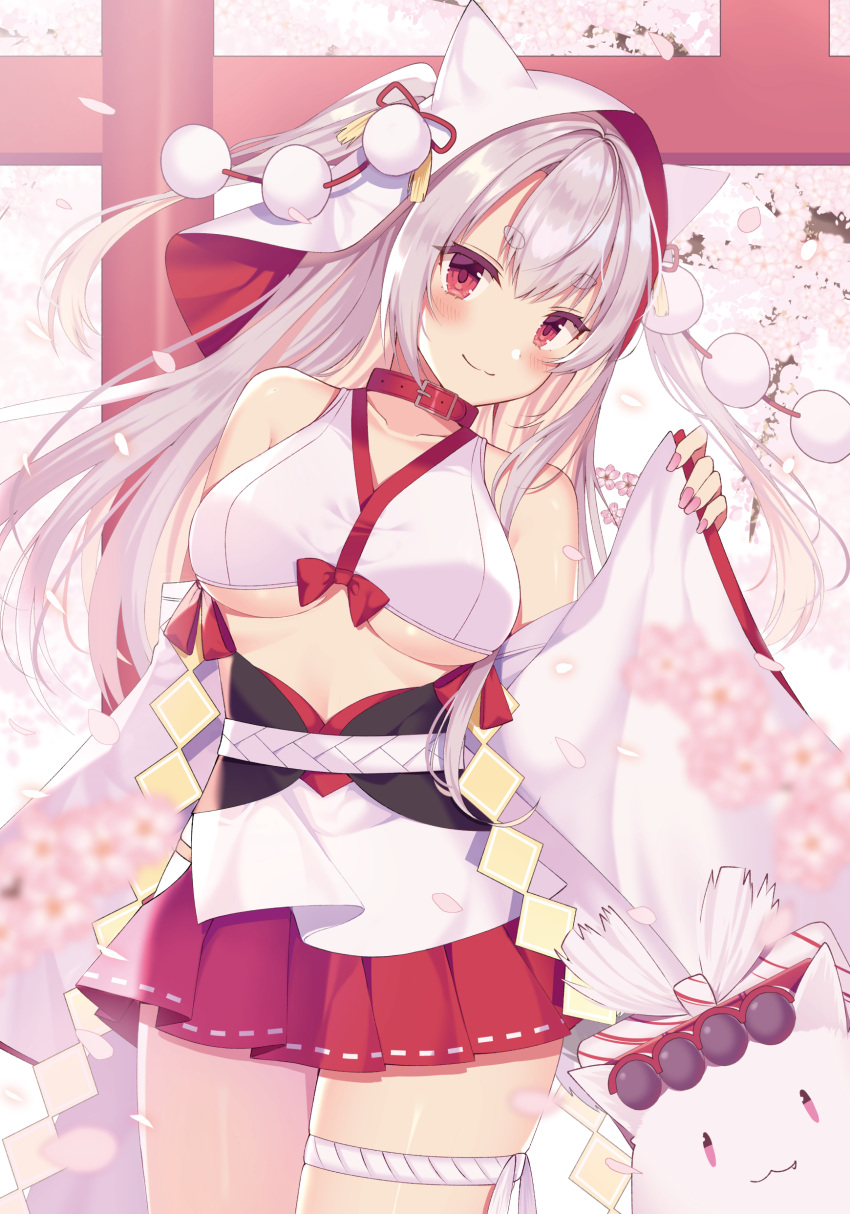 1girl absurdres animal_hood azur_lane bangs bare_shoulders blush breasts closed_mouth commentary_request crop_top dog eyebrows_visible_through_hair fingernails flower grey_hair hair_between_eyes hand_up highres hood hood_up izumo_neru leaning_to_the_side long_hair long_sleeves medium_breasts nail_polish petals pinching_sleeves pink_flower pink_nails pleated_skirt red_eyes red_skirt ribbon-trimmed_skirt ribbon_trim short_eyebrows skirt sleeves_past_wrists smile solo standing thick_eyebrows two_side_up under_boob very_long_hair yuudachi_(azur_lane)