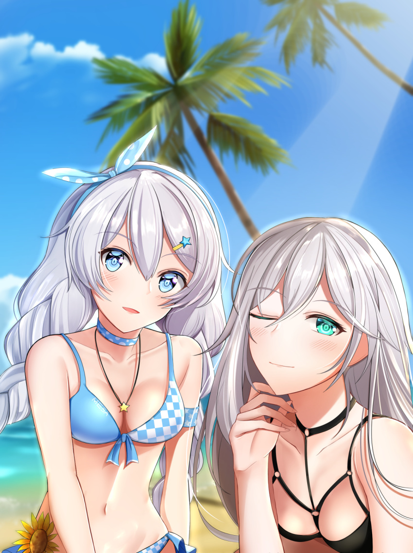 2girls aircell aqua_eyes bangle bangs bare_shoulders beach bikini black_swimsuit blue_bikini blue_eyes blurry blurry_background blush bracelet braid breasts cecilia_shania choker cleavage clouds collarbone day eyebrows_visible_through_hair hair_between_eyes hair_ornament hairband hand_up highres honkai_impact jewelry kiana_kaslana long_hair looking_at_viewer medium_breasts multiple_girls navel necklace ocean one_eye_closed open_mouth outdoors palm_tree sand side-tie_bikini sidelocks silver_hair smile star star_necklace stomach sunlight swimsuit tree twin_braids very_long_hair