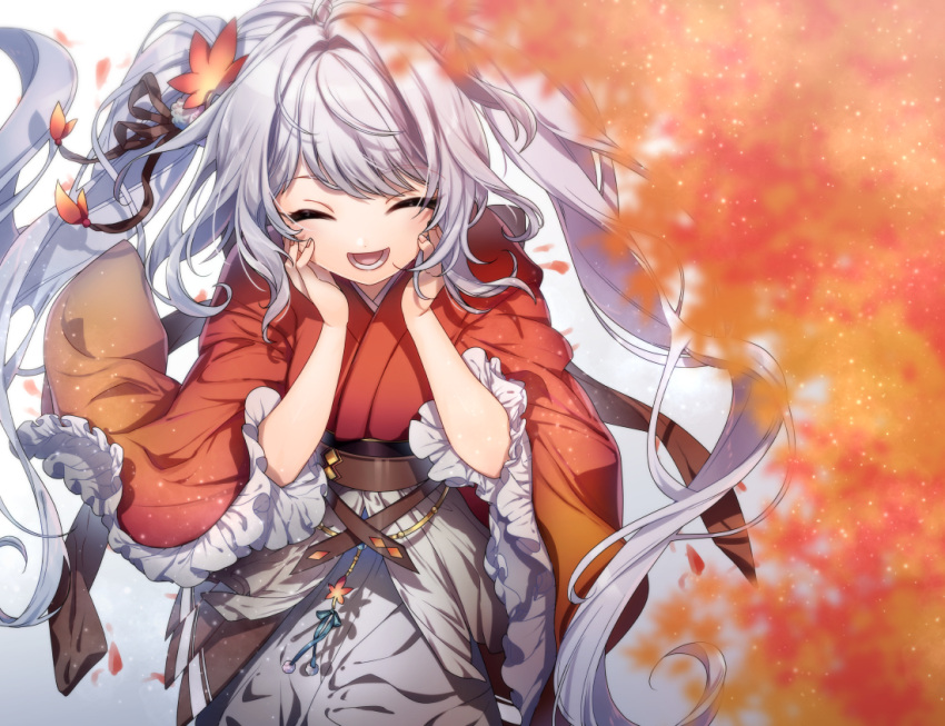 1girl autumn_leaves closed_eyes from_above gujo_hachiman_(oshiro_project) hair_ribbon hands_on_own_cheeks hands_on_own_face japanese_clothes kimono long_hair miyuki_(pixiv28437652) oshiro_project oshiro_project_re red_kimono ribbon silver_hair solo twintails very_long_hair